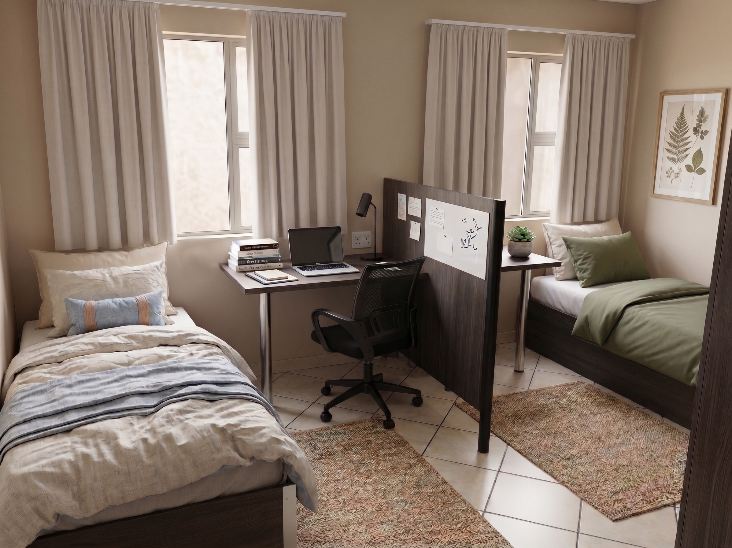 Shared bedroom with dedicated study space for each student.